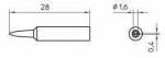 Preview: The image displays a technical drawing of an object measuring 28 mm in length and 1.6 mm in diameter. A top view illustrates the object with a small hole of 0.4 mm.