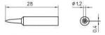 Preview: The image displays technical drawings of an object. On the left side, there is a side view with a length of 28 mm and a pointed shape. On the right, there is a top view with diameters of 1.2 mm and 0.4 mm.