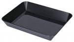 Preview: The image shows a rectangular, flat tray in black color. It has smooth, slightly curved walls and the sides are slightly raised at the corners. It appears simple and functional.