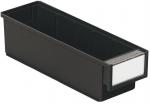 Preview: The image shows a narrow, rectangular container made of black plastic. It has a clear front where a label can be attached. The container features several internal dividers.