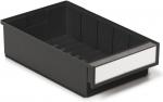 Preview: The image shows a black, rectangular storage box without a lid. It has a smooth surface and a transparent front for labeling. Inside, there are compartments for organization.