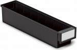 Preview: The image shows an elongated, rectangular storage box made of black plastic. It has a smooth surface and a transparent front, allowing a view of the contents.