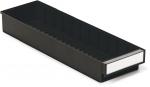 Preview: It is a long, narrow, black container or drawer. It has a clear, glossy front that serves to organize items. The interior has narrow grooves.