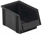 Preview: The image shows a black, rectangular plastic box with slanted sides. It has an open front and vertical grooves on the sides, ideal for storage and organization.