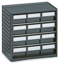 Preview: Das Bild zeigt einen kompakten, schwarzen Schubladenschrank mit mehreren kleinen Schubladen. Jede Schublade hat eine weiße Beschriftungsfläche. Der Schrank hat eine glatte Oberfläche und ist robust.
