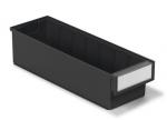Preview: The image shows a long, narrow storage box in black with a white labeling field on one of the short sides. It has a clear, rectangular shape and divided interior spaces.