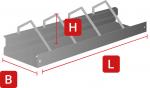 Preview: Das Bild zeigt ein graues Metallobjekt mit drei vertikalen Stützen. Es hat eine horizontale Basis und ist in den Dimensionen Breite (B), Höhe (H) und Länge (L) gekennzeichnet.
