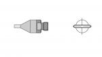 Preview: The image displays a technical drawing of an object. On the left, there is a side view featuring a pointed shape with a narrow end. On the right, there is a top view showing a circular design.