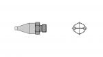 Preview: The image shows a technical component in two views: a top view and a side view. It has a conical shape with two threaded connections in the middle.