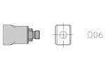 Preview: The image displays a technical drawing of an object. On the left, there is a side view featuring a narrow, rectangular body with a threaded eyelet. On the right, the top view is shown, which is square with a central hole. To the right of the object, the label 