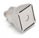 Preview: Das Bild zeigt einen silbernen, quadratischen Lampenadapter. Er hat eine glatte, metallische Oberfläche und eine standardisierte Gewinde-Basis zum Einschrauben in eine Fassung.