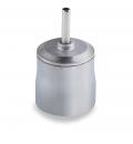 Preview: The image shows a shiny, silver container with a long, thin tube at the top. The container has a round, wide base and a narrower top opening.