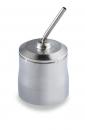 Preview: The image shows a shiny, round metal container with a narrow outlet pipe. The container is curved and has a short, straight opening at the top.