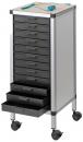 Preview: The image shows a rolling storage cabinet with ten black drawers and a rounded top surface. On top, there are two writing utensils.