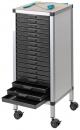 Preview: The image shows a mobile rolling cart with several black drawers. The top features a flat storage area with blue tools. The drawers vary in height and can be pulled out.