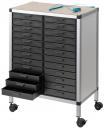 Preview: The image shows a rolling cart with 16 black drawers and a work surface on top. The cart is on wheels and has several drawers open on one side.
