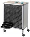 Preview: The image shows a rolling storage cabinet with several black drawers. On top, there is a flat, light-colored shelf and a blue object. The cabinet has four wheels.