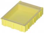 Preview: The image displays a rectangular, flat box in bright yellow with a transparent lid. It has rounded edges and a textured surface on the sides.