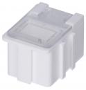 Preview: The image displays a small, cube-shaped plastic container in white with a clear lid. It has straight edges and is slightly transparent, with a small opening on top.