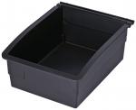 Preview: It is a black, rectangular plastic box with a slanted opening on the front. The walls are high, and the floor is flat, ideal for storing items.