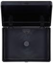 Preview: The image shows a black, rectangular box with a foldable lid that is open. Inside, the box is also black and has a small round button in the center.
