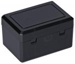 Preview: Das Bild zeigt eine rechteckige, schwarze Kunststoffbox mit glatten, leicht glänzenden Oberflächen. Die Box hat einen flachen Deckel und zwei seitliche Verriegelungen.