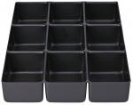 Preview: Das Bild zeigt einen schwarzen Organizer mit zwölf quadratischen Fächern, die in drei Reihen und vier Spalten angeordnet sind. Jedes Fach hat die gleiche Größe und Tiefe.