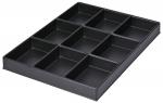 Preview: Das Bild zeigt eine schwarze, rechteckige Aufbewahrungsbox mit zwölf gleich großen Fächern. Jedes Fach ist offen und dient zur Organisation von kleinen Gegenständen.