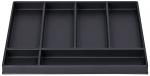 Preview: The image displays a rectangular, black drawer insert with multiple compartments. There are a total of six compartments, varying in size, ideal for storing utensils.