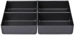 Preview: Das Bild zeigt eine schwarze, rechteckige Box, die in vier gleich große Fächer unterteilt ist. Die Fächer haben hohe, gerade Wände und sind flach. Sie sind aus einem glatten Material.