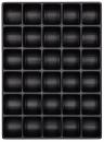 Preview: The image displays a black tray with 36 evenly arranged square compartments. Each compartment is empty and has rounded corners. The layout is in six rows and six columns.