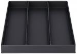 Preview: Das Bild zeigt eine flache, rechteckige Box in Schwarz, die durch zwei vertikale Wände in drei gleich große Fächer unterteilt ist. Ideal für die Organisation von Gegenständen.