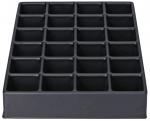 Preview: Das Bild zeigt eine schwarze Kunststoffplatte mit 24 gleich großen quadratischen Fächern, die in einem 6x4-Raster angeordnet sind. Die Fächer sind offen und haben eine flache, rechteckige Form.