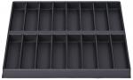 Preview: The image shows a flat, rectangular tray with several compartments of equal size. The compartments are arranged in two rows and are used for storing small items. Everything has a dark color scheme.