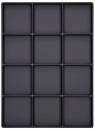 Preview: The image displays a rectangular baking tray with 12 equal-sized indentations arranged in 3 rows and 4 columns. The surface is black and smooth.