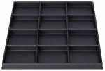 Preview: The image shows a black tray with 15 recessed compartments in a uniform arrangement. It has a rectangular frame and is flat. The compartments are well-suited for storing small items.