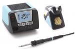Preview: The image displays a soldering system with a heating station in light blue and black. It features a digital display and buttons. Next to the station, there is a soldering iron with a cable and a holder.