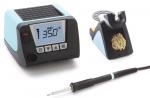 Preview: The image displays a soldering iron kit. It includes a digital temperature display with buttons and a soldering iron that is attached to a stand. The dominant colors are black and sky blue.