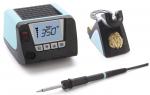 Preview: The image shows a soldering iron with a digital temperature display, a tool stand, and a cleaning device, all in black and blue. The soldering iron has a fine tip.
