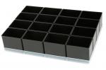 Preview: Das Bild zeigt ein rechteckiges Behälter-Set mit einer klaren Basis. Oben sind 16 kleine, schwarze Quadrate angeordnet, perfekt für Aufbewahrung oder Organisation.