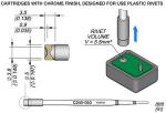 Preview: The image displays technical drawings of cartridges with a chrome-plated surface, designed for plastic rivets. It includes dimensions and a representation of the rivet volume.