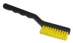 Preview: The image shows a small hand brush with a black handle and a brushing surface made of yellow bristles. The bristles are closely spaced and soft.