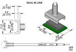Preview: The image displays a technical drawing of a component with dimensions. It consists of a rectangular base with a long, narrow connector that is mounted on a circuit board.