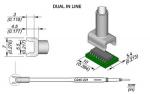Preview: The image displays technical drawings of a DUAL IN LINE connector. Dimensions in mm are provided, showing the sizes of both the connector and the circuit board. The connector has a cylindrical shape and is attached to a circuit board.