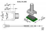 Preview: The image shows a technical drawing of a dual in-line component with dimensions. It includes a connector seated on a circuit board and is shown in two views.