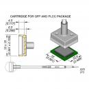 Preview: The image displays a technical drawing of a container for QFP and PLCC packages. It includes dimensions in millimeters and inches, as well as a schematic connection.