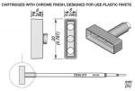 Preview: The image displays technical drawings of cartridges with a chrome-plated surface, designed for plastic rivets. Dimensions and views from various perspectives are shown.