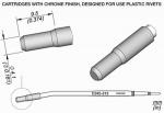Preview: The image displays technical drawings of two cartridges with a chrome-colored surface. They are designed for use with plastic rivets. Dimensions are provided.