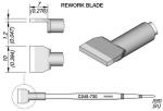 Preview: The image shows a technical drawing of a rework knife. It is a detailed representation with dimensions in mm and a marking on the handle. The blade head is flat and has a special shape.