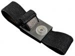 Preview: The image shows a black, wide textile strap with a metal attachment. It has a round opening in the middle and an adjustable fabric closure.